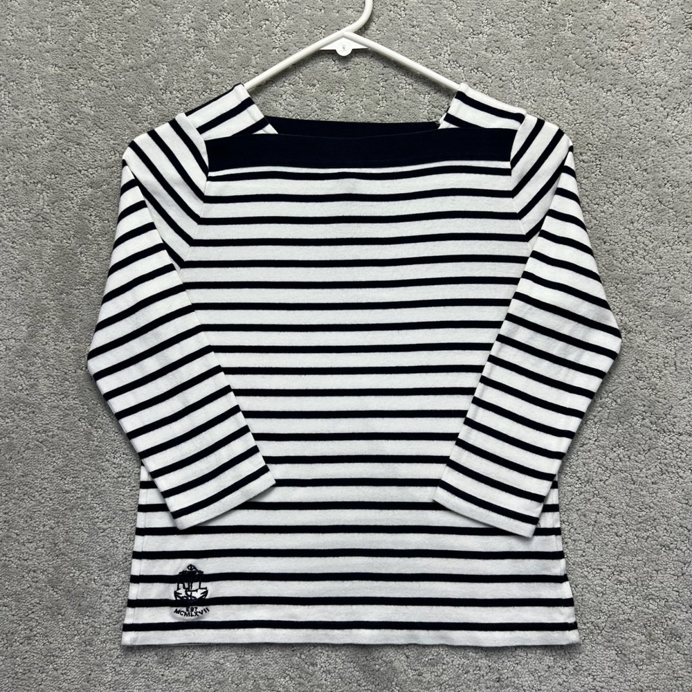 Lauren Ralph Lauren Petite Top Womens P/P Navy White Striped Boatneck 3/4 Sleeve